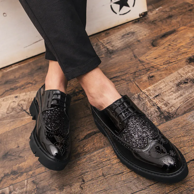 24 summer shiny leather shoes Korean trend sequined men's shoes with thick soles increased Brock black men's shoes