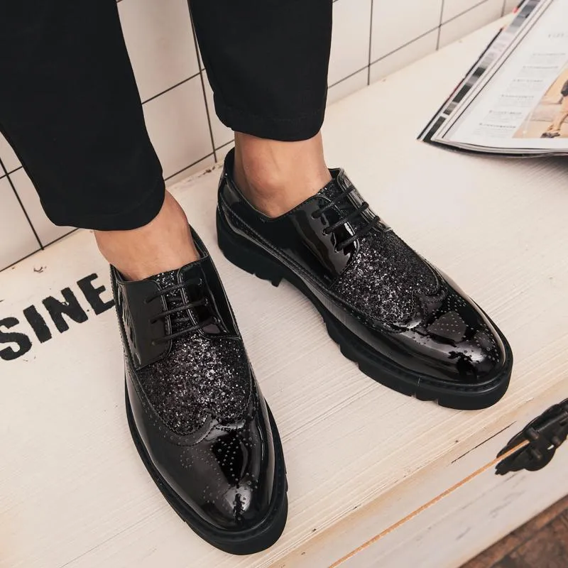 24 summer shiny leather shoes Korean trend sequined men's shoes with thick soles increased Brock black men's shoes