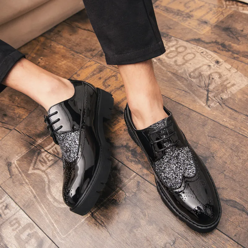 24 summer shiny leather shoes Korean trend sequined men's shoes with thick soles increased Brock black men's shoes