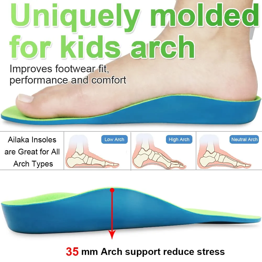 Ailaka Kids Orthotic Arch Support Shoe Insoles, Children PU Foam Cushioning Inserts for Flat feet, Plantar Fasciitis, Feet Heel Pain Relief 1/2.5 UK Green