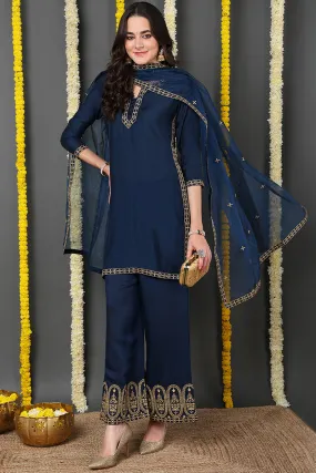 Blue Silk Blend Solid Embroidered Straight Suit Set