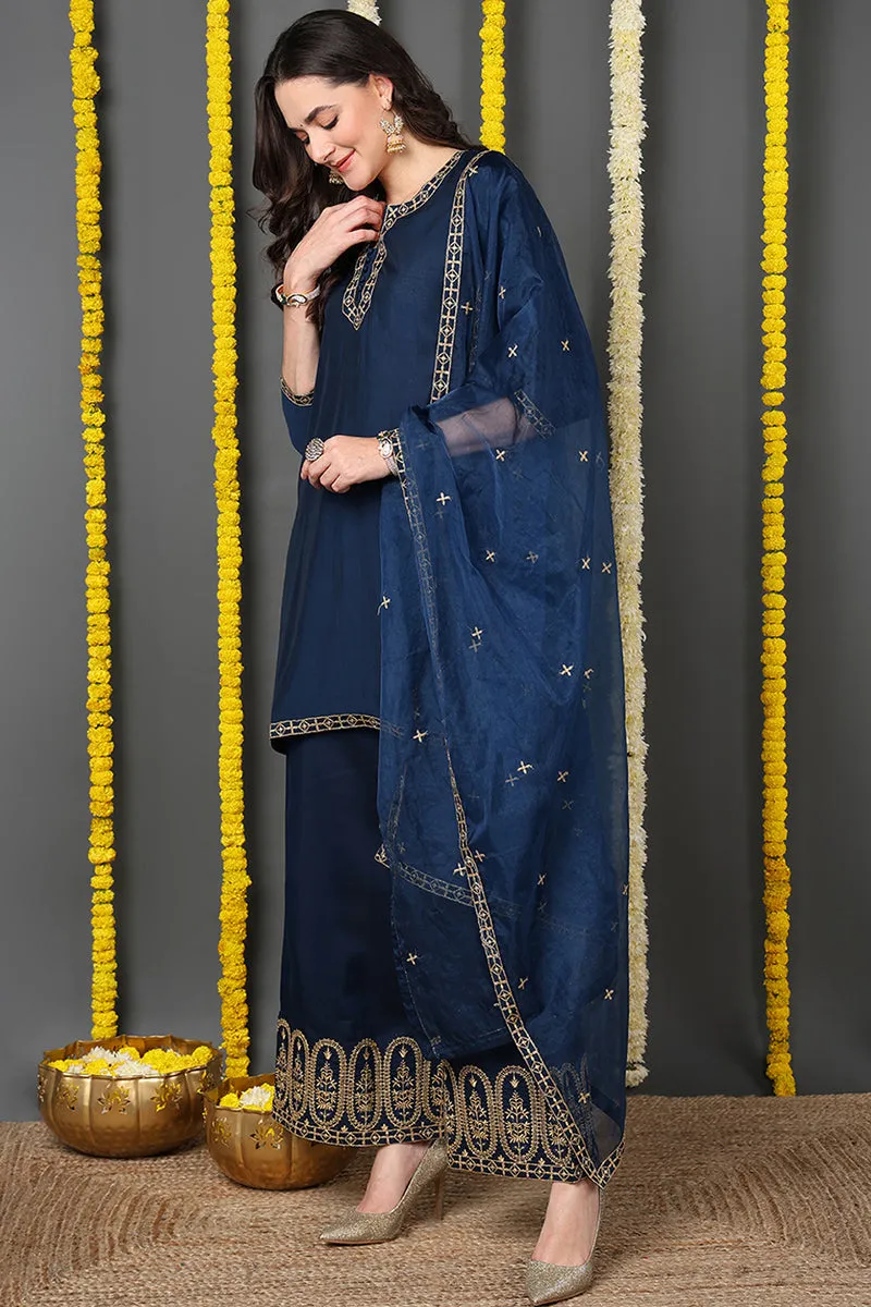 Blue Silk Blend Solid Embroidered Straight Suit Set