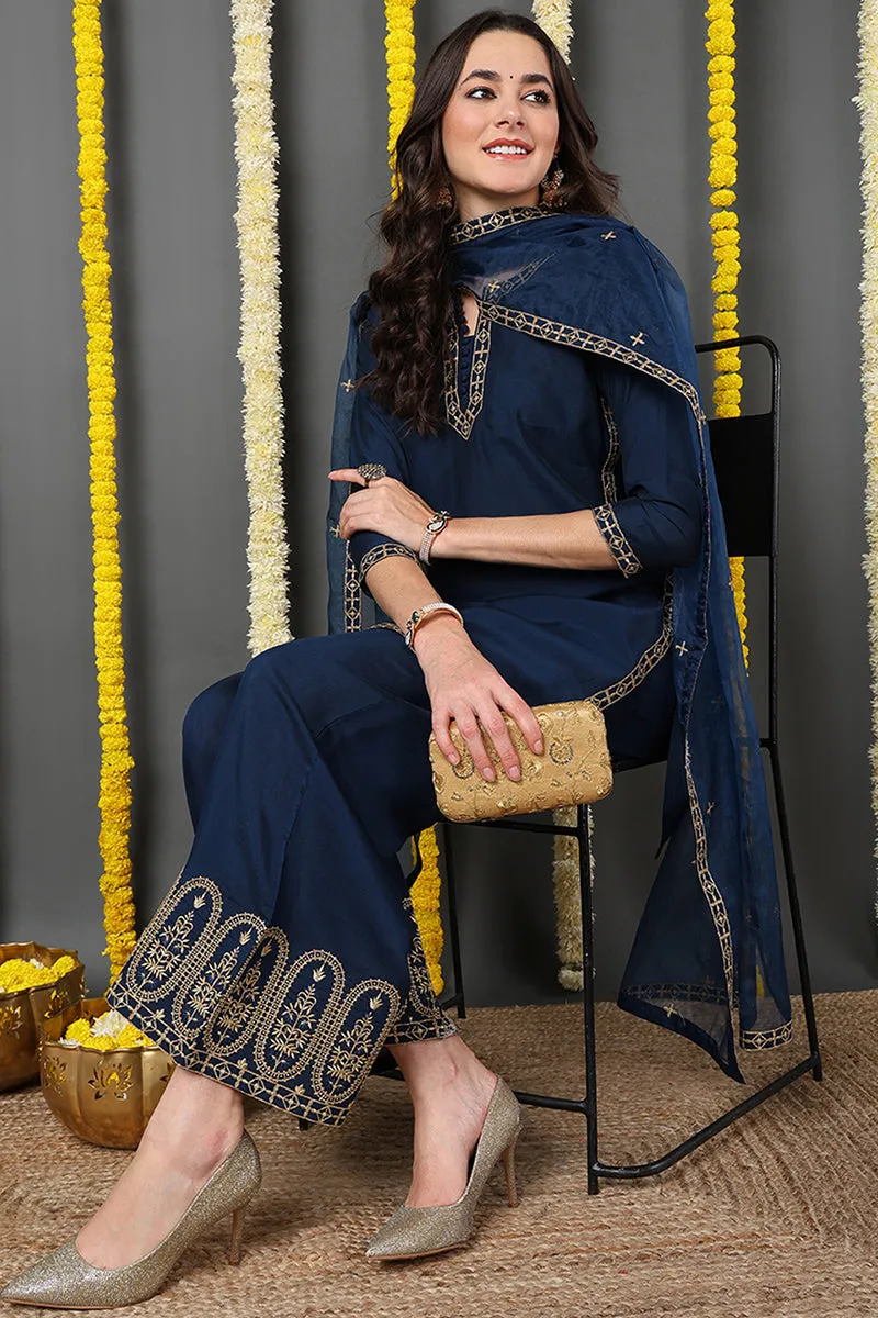 Blue Silk Blend Solid Embroidered Straight Suit Set