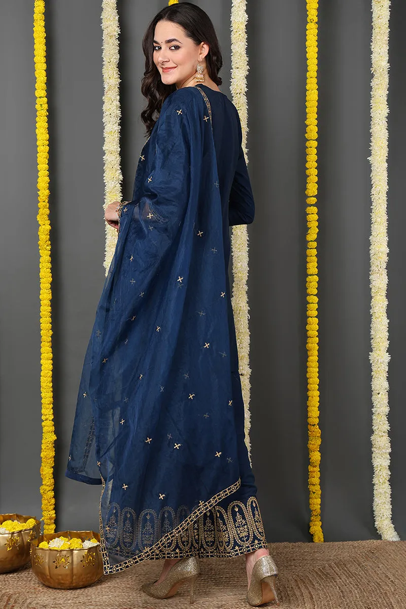 Blue Silk Blend Solid Embroidered Straight Suit Set