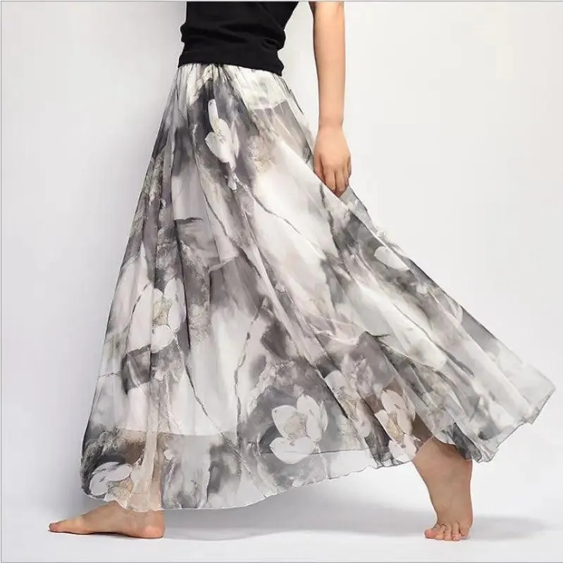 Bohemian Printed Chiffon Mid-length Skirt, Floral Skirt, A-line Skirt, Large Swing Female Skirt, Beach Long Skirt