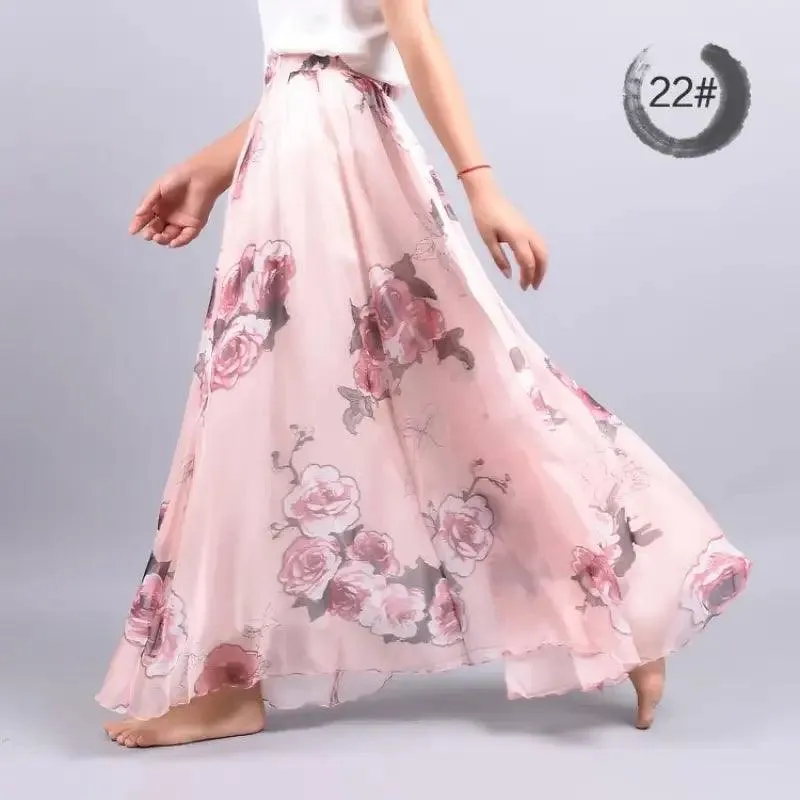 Bohemian Printed Chiffon Mid-length Skirt, Floral Skirt, A-line Skirt, Large Swing Female Skirt, Beach Long Skirt