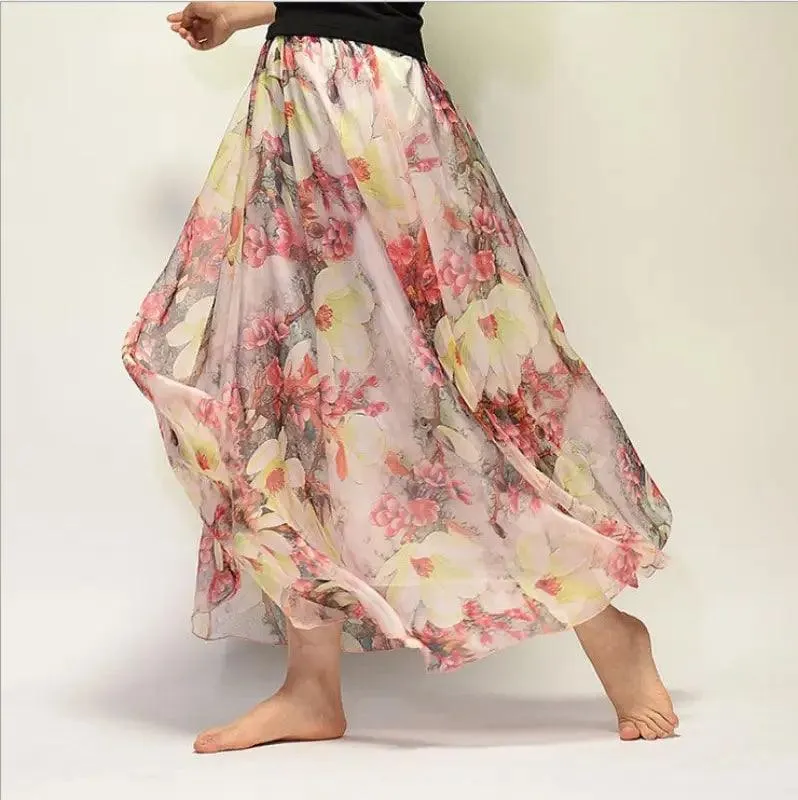 Bohemian Printed Chiffon Mid-length Skirt, Floral Skirt, A-line Skirt, Large Swing Female Skirt, Beach Long Skirt