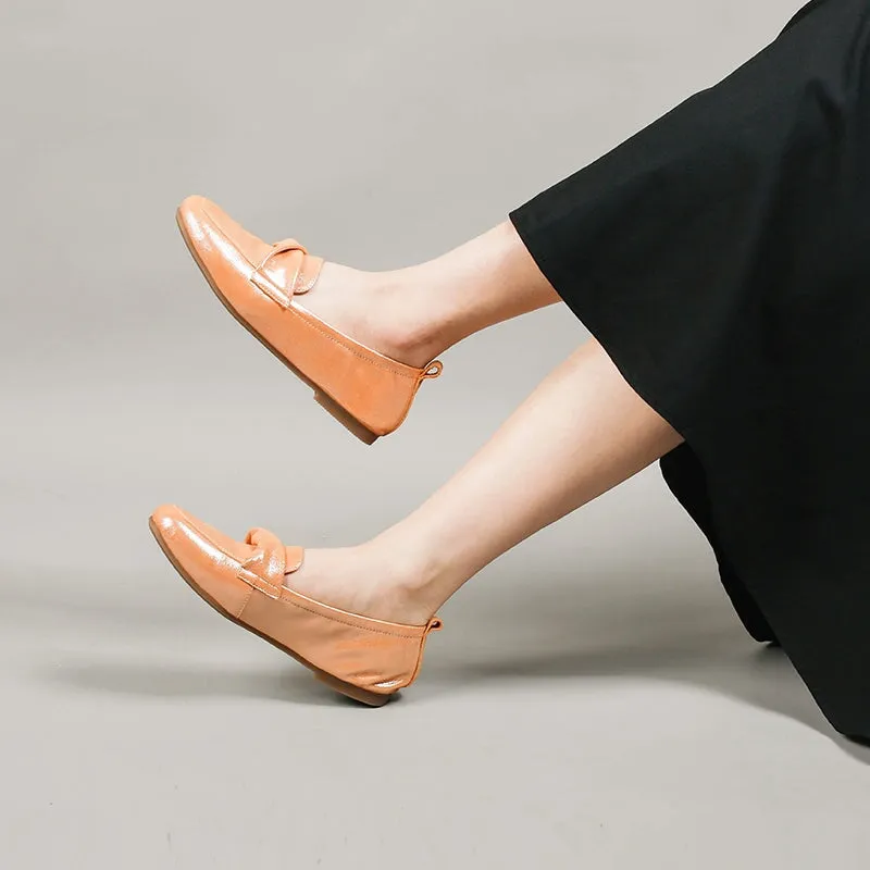 Bow Detail Flat Leather Loafers Soft Round Toe Handmade in 6 Colors