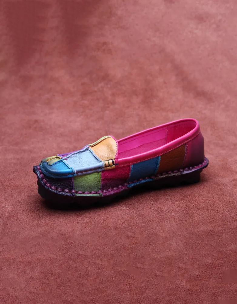 Color Plaid Round Head Handmade Retro Leather Loafers 35-43