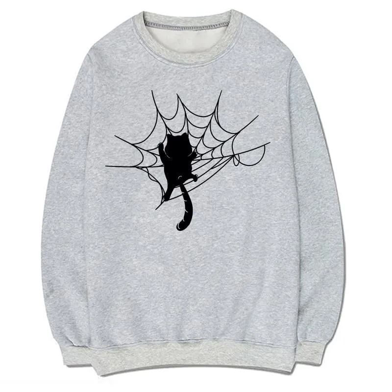 CORIRESHA Halloween Spider Web Sweatshirt Long Sleeve Casual Cat Lover Clothing