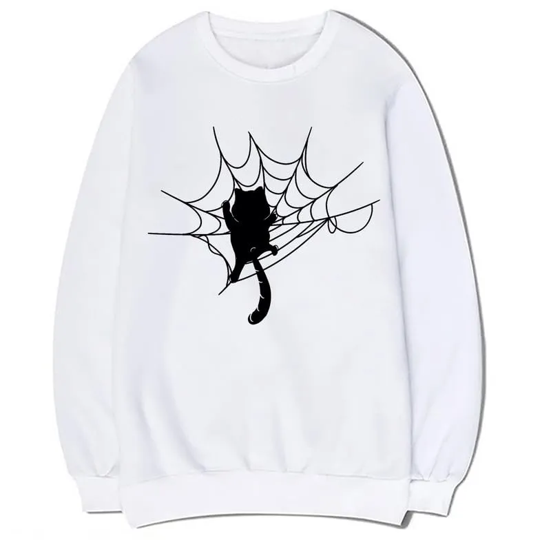 CORIRESHA Halloween Spider Web Sweatshirt Long Sleeve Casual Cat Lover Clothing