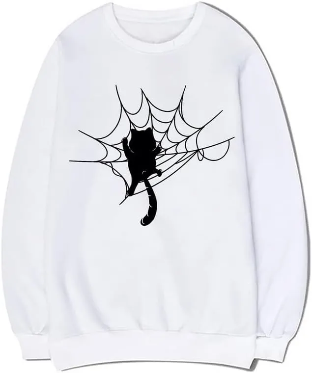 CORIRESHA Halloween Spider Web Sweatshirt Long Sleeve Casual Cat Lover Clothing