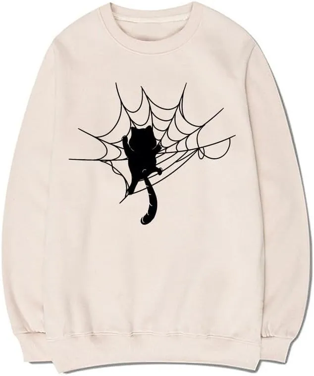 CORIRESHA Halloween Spider Web Sweatshirt Long Sleeve Casual Cat Lover Clothing