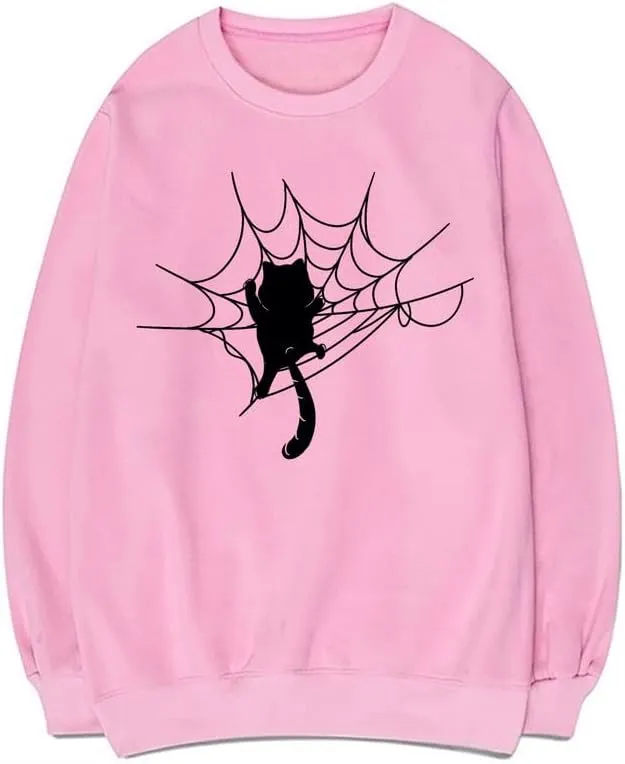 CORIRESHA Halloween Spider Web Sweatshirt Long Sleeve Casual Cat Lover Clothing