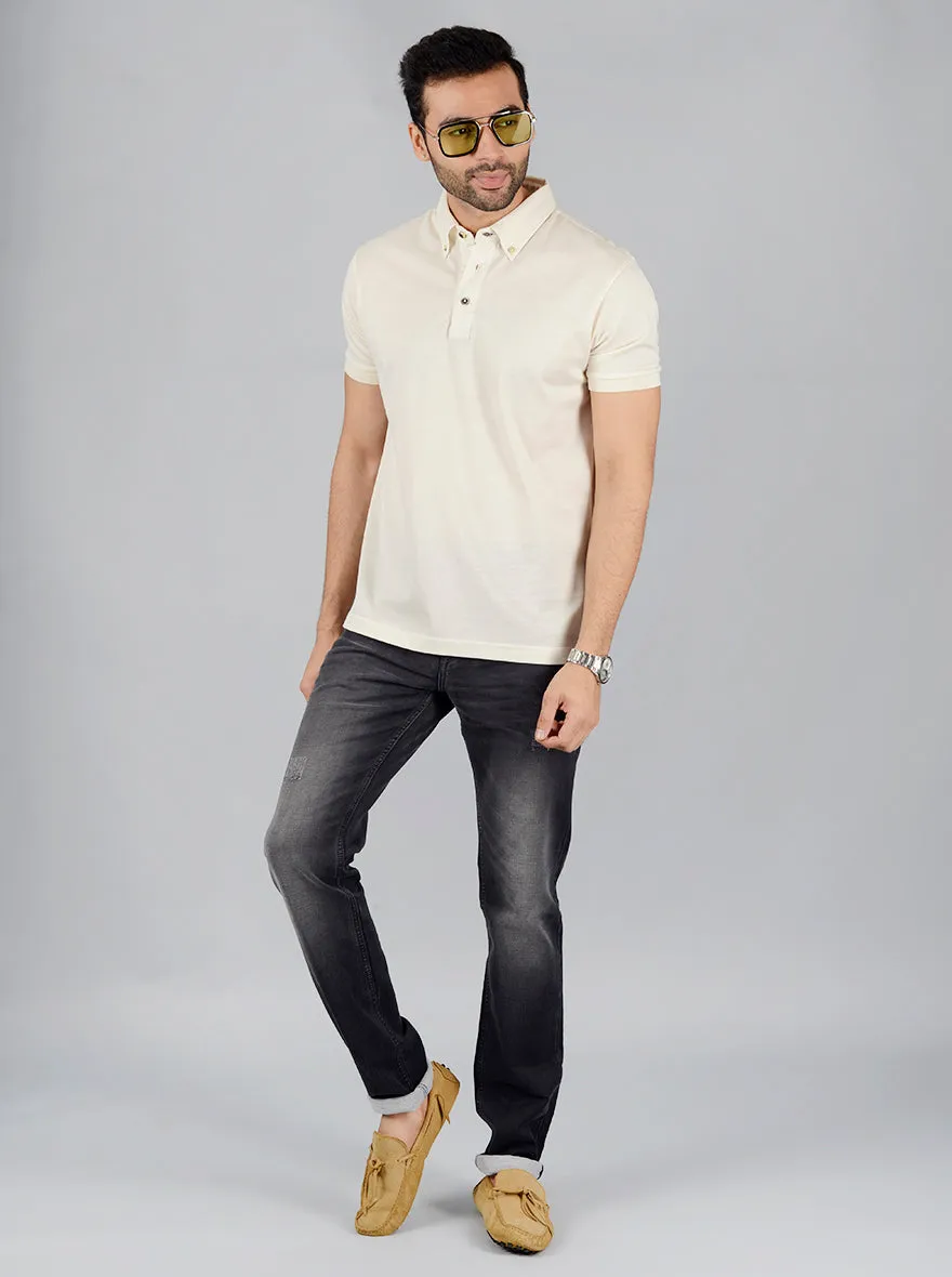 Cream Solid Slim Fit Polo T-Shirt | JadeBlue