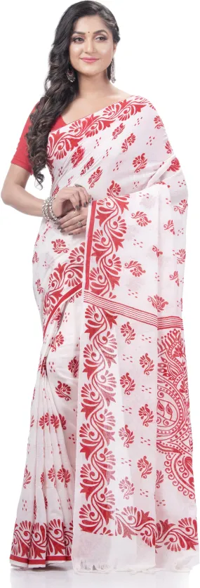 Desh Bidesh Blocked Printed Handloom Handloom Pure Cotton Saree (White)