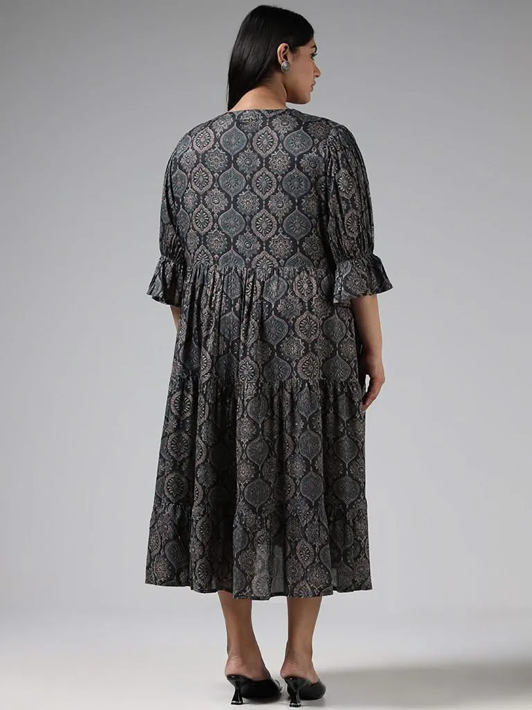 Diza Indigo Motif Printed Tiered Dress