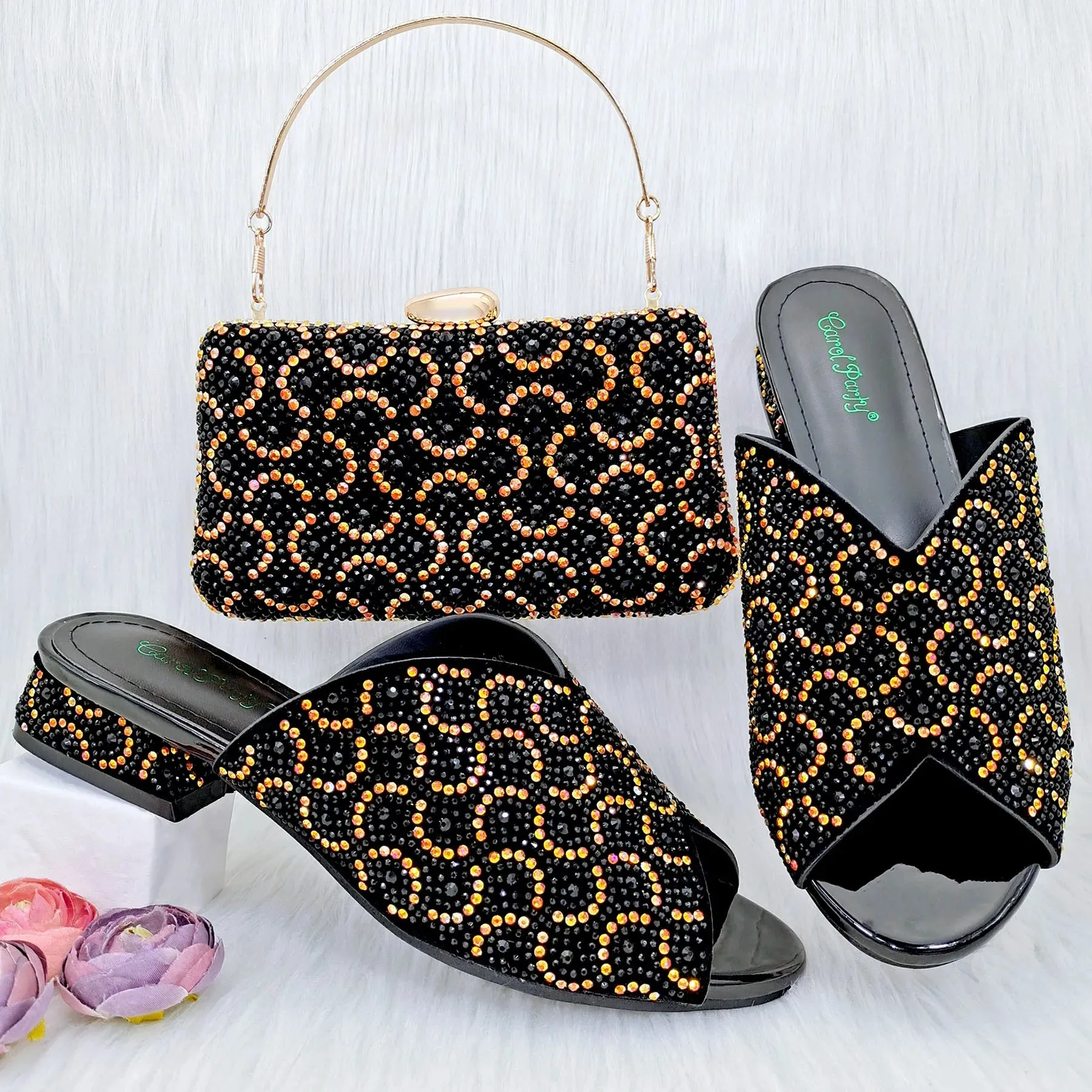 Elegant Women's Fashion Black Sandals, Popular High Heel Bag Set