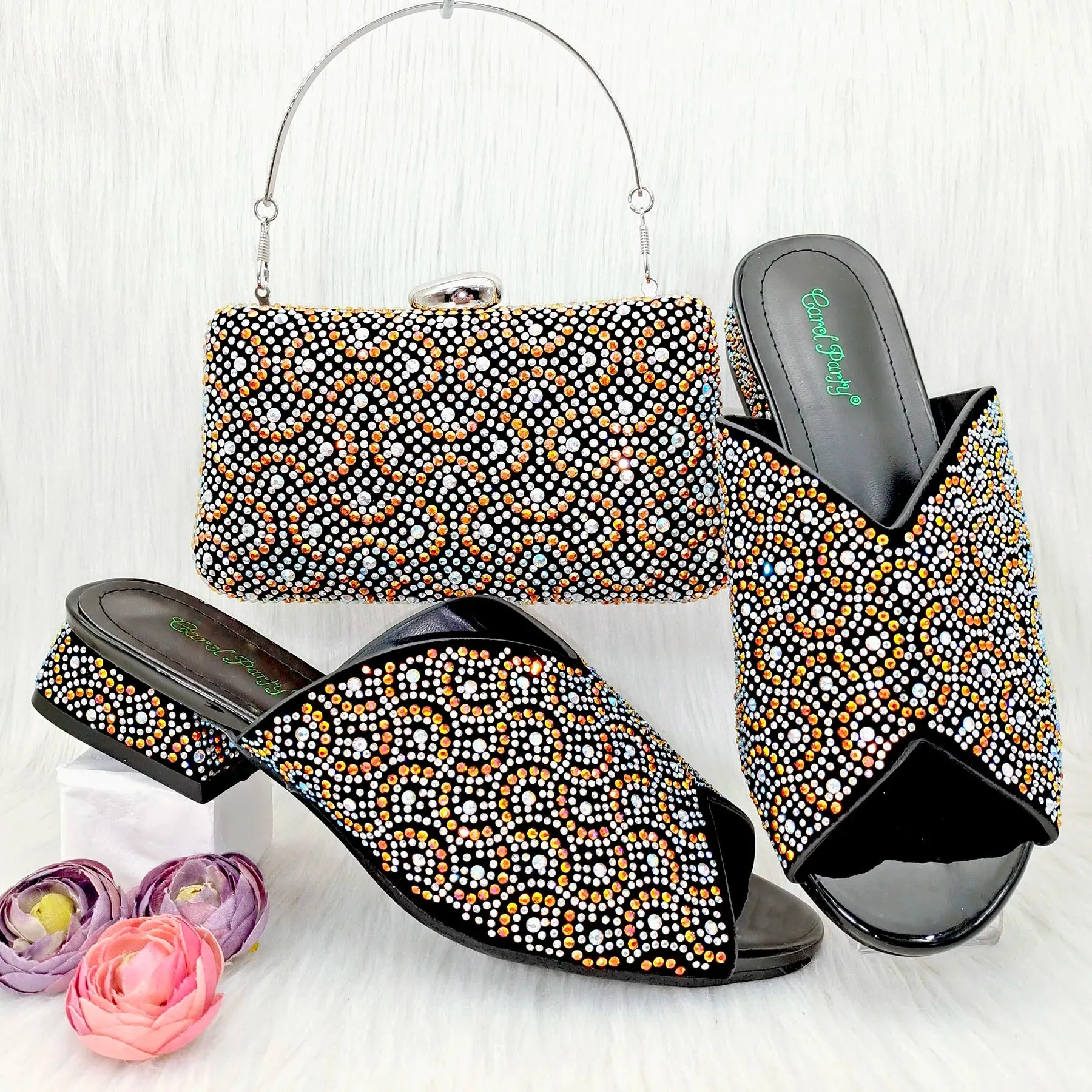 Elegant Women's Fashion Black Sandals, Popular High Heel Bag Set