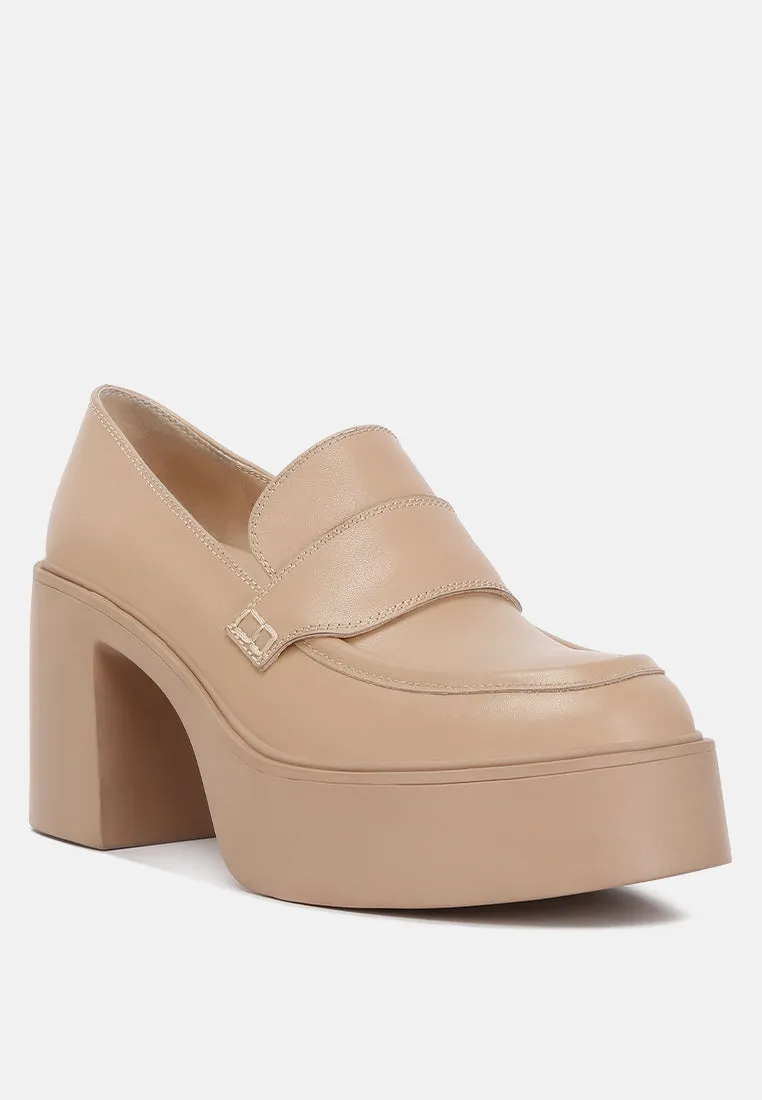 Elspeth Heeled Platform Leather Loafers in Sand