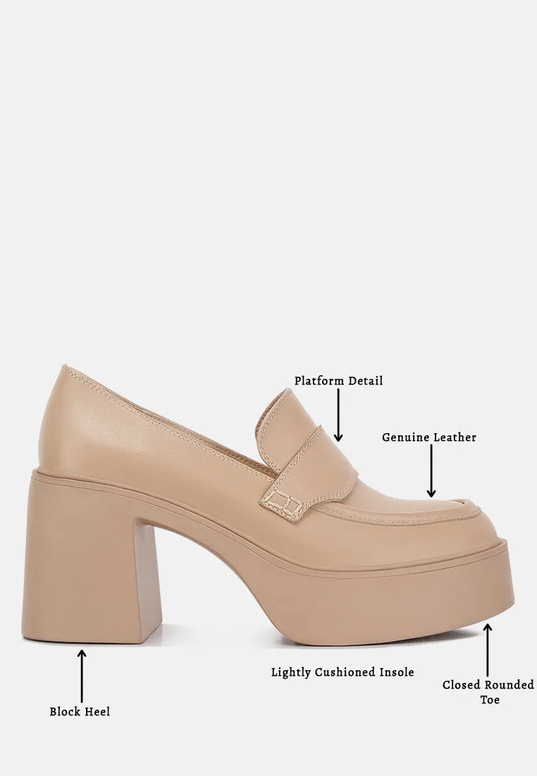 Elspeth Heeled Platform Leather Loafers in Sand