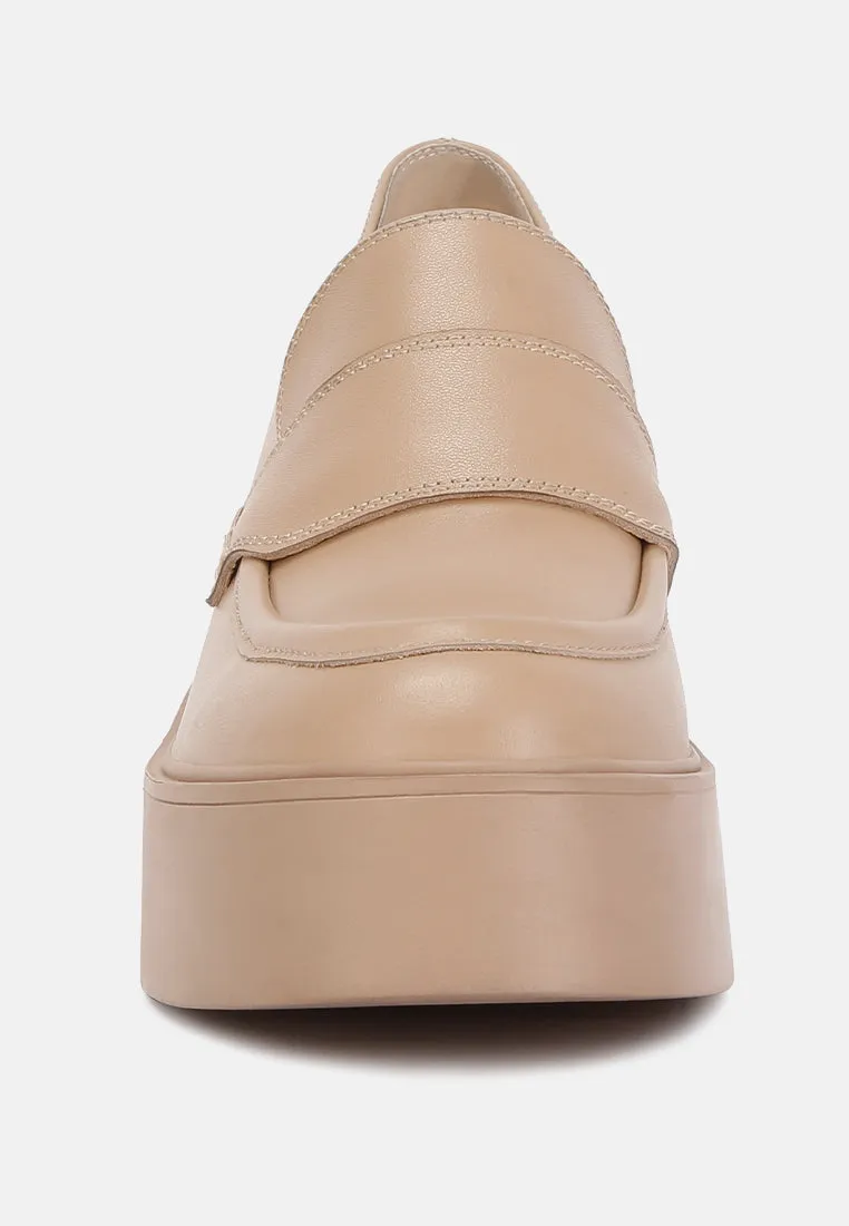 Elspeth Heeled Platform Leather Loafers in Sand