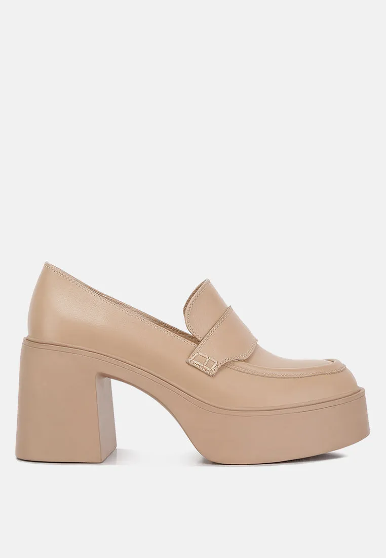 Elspeth Heeled Platform Leather Loafers in Sand