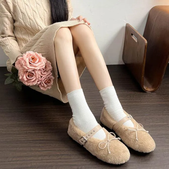 Faux-Fur Loafers Mary Jane Bowknot Inner Height Increase Women's Shoes for Winter