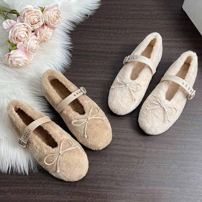 Faux-Fur Loafers Mary Jane Bowknot Inner Height Increase Women's Shoes for Winter