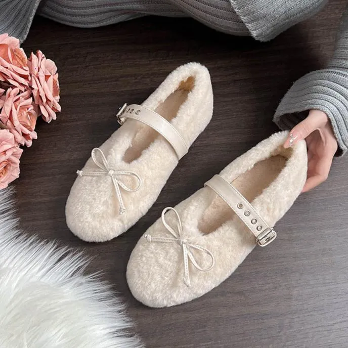 Faux-Fur Loafers Mary Jane Bowknot Inner Height Increase Women's Shoes for Winter