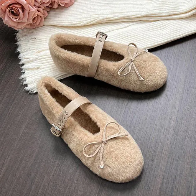 Faux-Fur Loafers Mary Jane Bowknot Inner Height Increase Women's Shoes for Winter