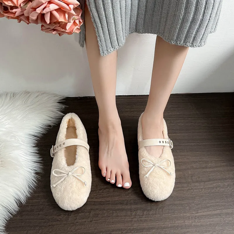 Faux-Fur Loafers Mary Jane Bowknot Inner Height Increase Women's Shoes for Winter