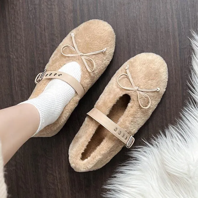 Faux-Fur Loafers Mary Jane Bowknot Inner Height Increase Women's Shoes for Winter