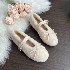 Faux-Fur Loafers Mary Jane Bowknot Inner Height Increase Women's Shoes for Winter