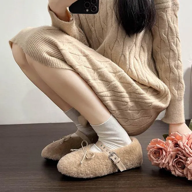 Faux-Fur Loafers Mary Jane Bowknot Inner Height Increase Women's Shoes for Winter