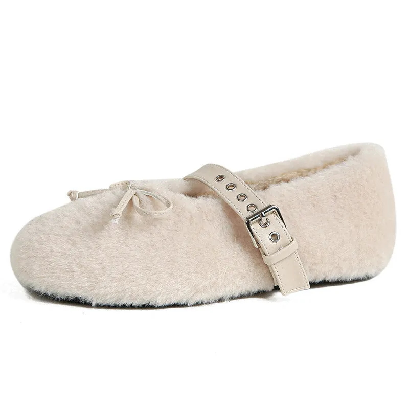 Faux-Fur Loafers Mary Jane Bowknot Inner Height Increase Women's Shoes for Winter