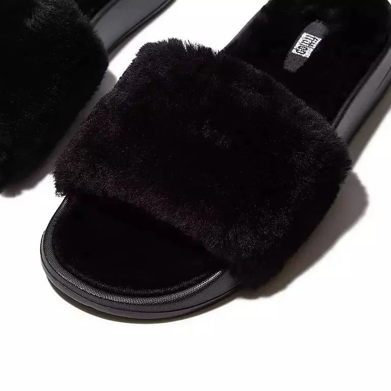 FitFlop Womens Iqushion Shearling Slides All Black