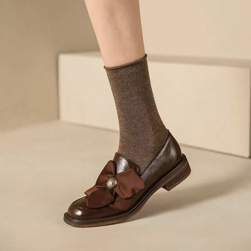 Flower Detail Leather Loafers Soft Round Toe Handmade in Black/Brown