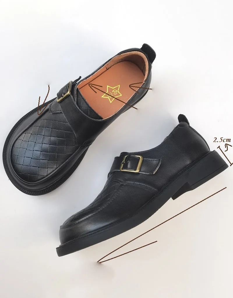 Front Buckle Retro Leather Wide Toe Box Loafers