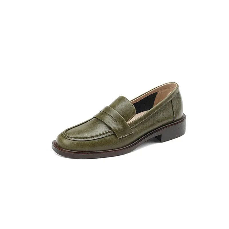 Handmade Cow leather Penny Loafers For Women Retro Block Heel in Green/Black/Beige/Brown