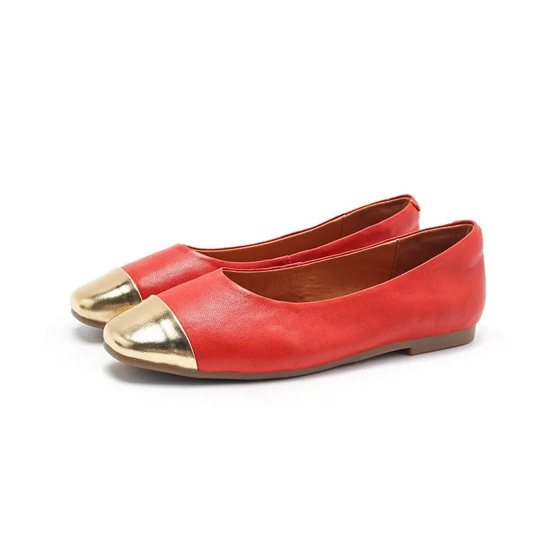 Handmade Sheepskin Flats For Women Color Blocking Golden Toe in 7 Colors