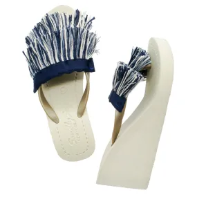 Irving-Stripe Fringe Embellished White and Blue Stripe Women's High Wedge Flip Flops Sandal