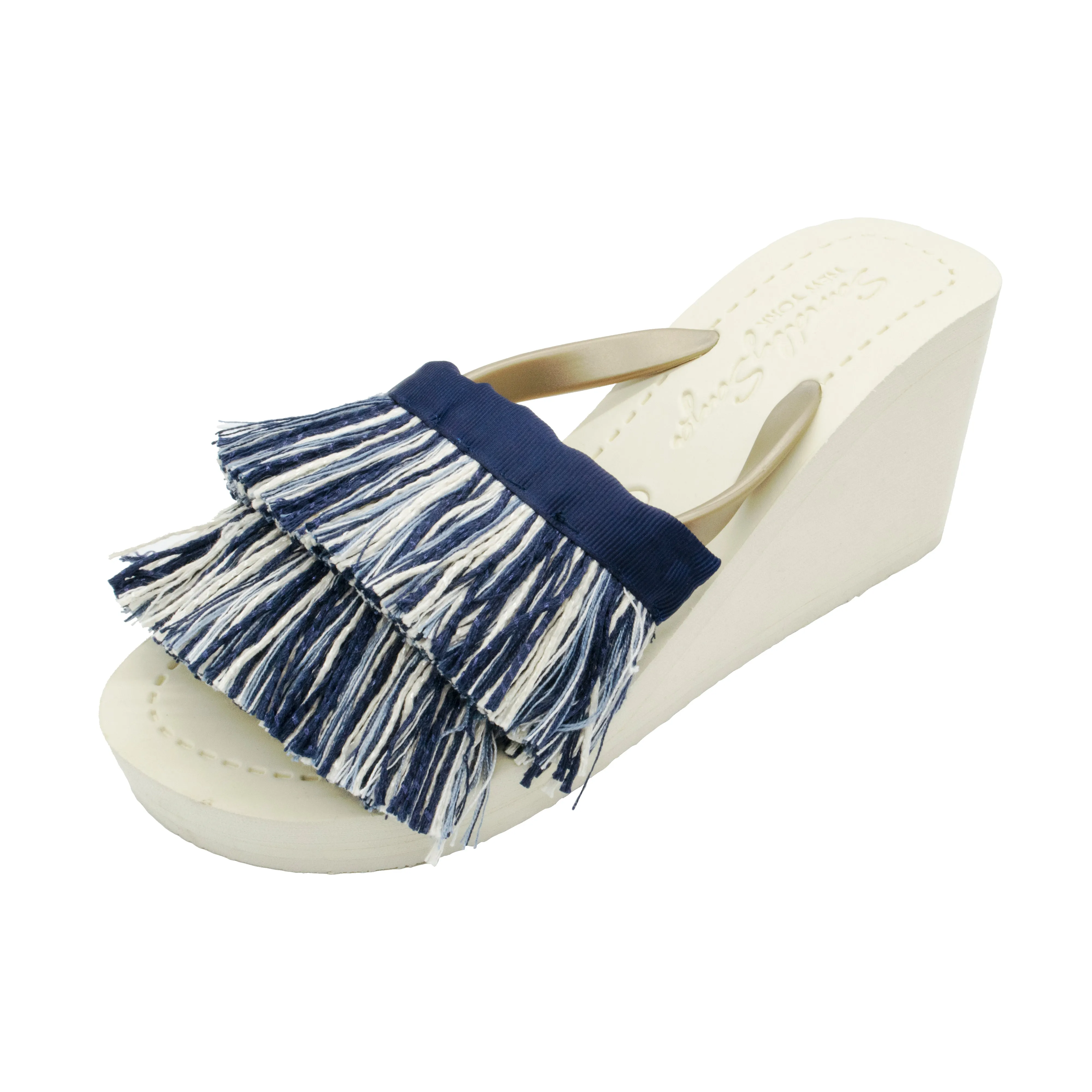 Irving-Stripe Fringe Embellished White and Blue Stripe Women's High Wedge Flip Flops Sandal