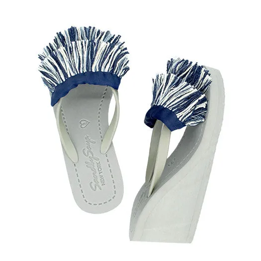 Irving-Stripe Fringe Embellished White and Blue Stripe Women's High Wedge Flip Flops Sandal