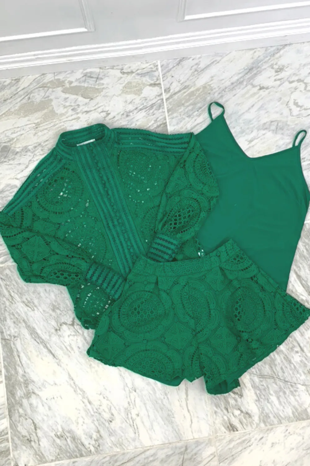 Kandice green crotchet short 3 piece co ord