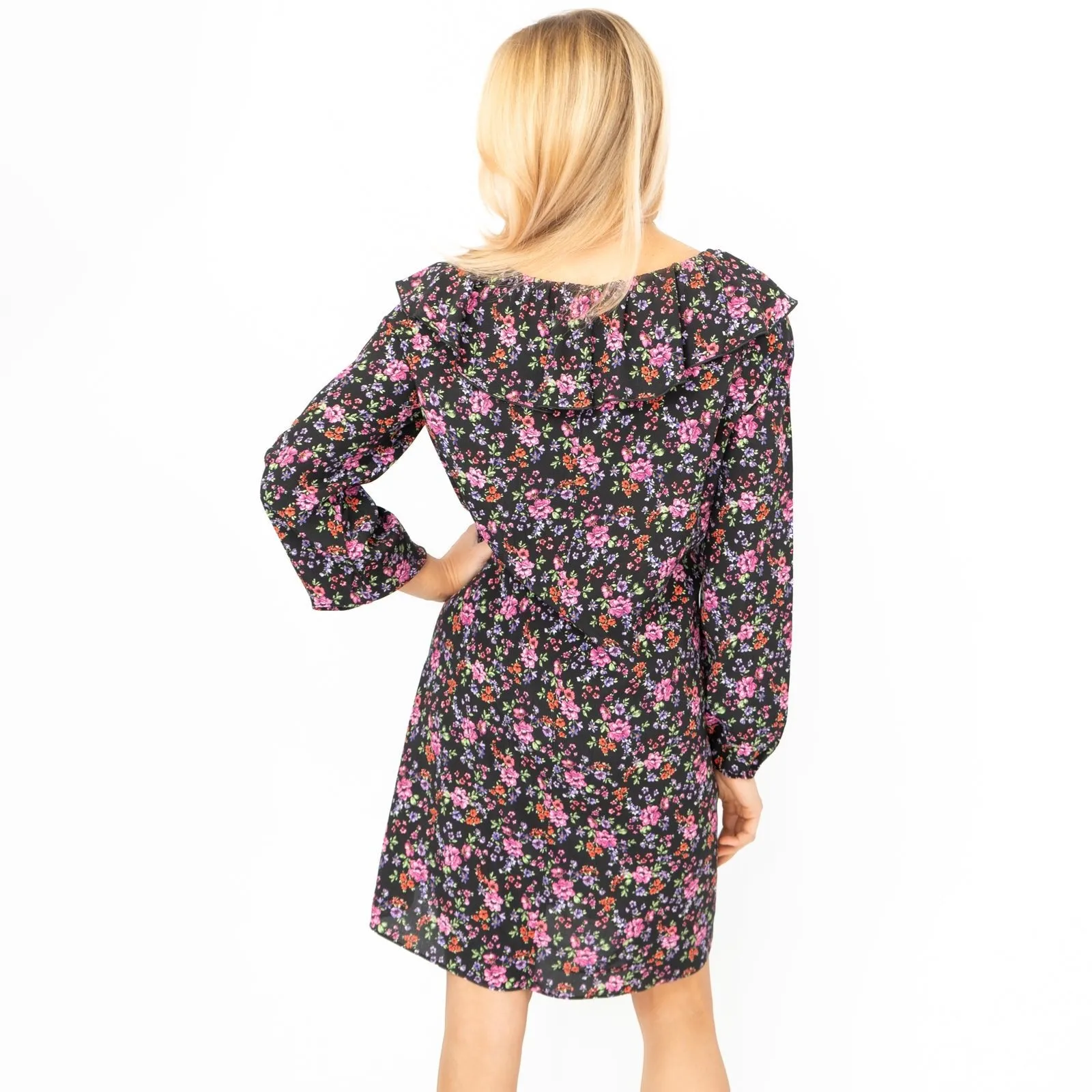 Karen Millen Black Floral Long Sleeve V-Neck with Frills Relaxed Fit Trapeze Dresses