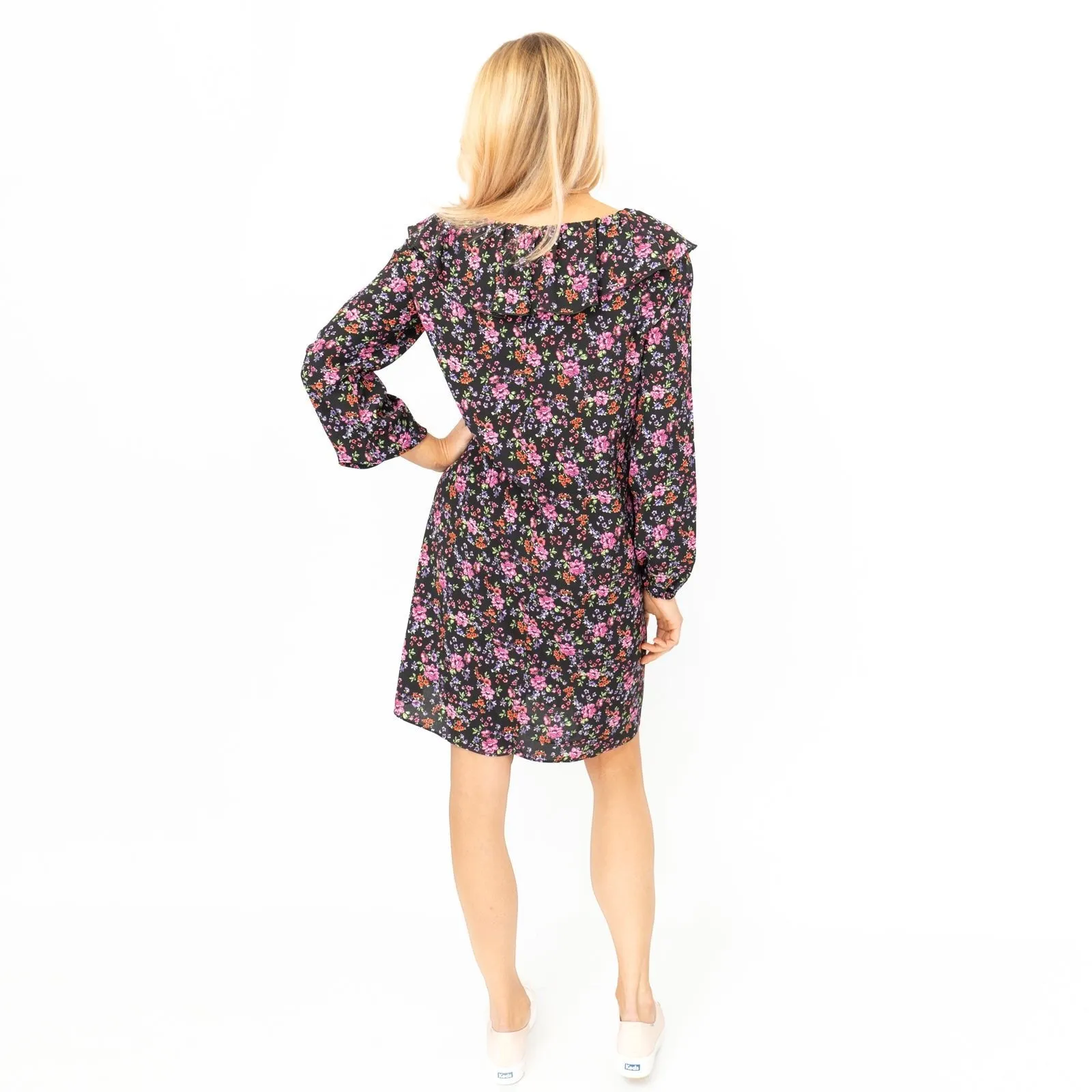 Karen Millen Black Floral Long Sleeve V-Neck with Frills Relaxed Fit Trapeze Dresses