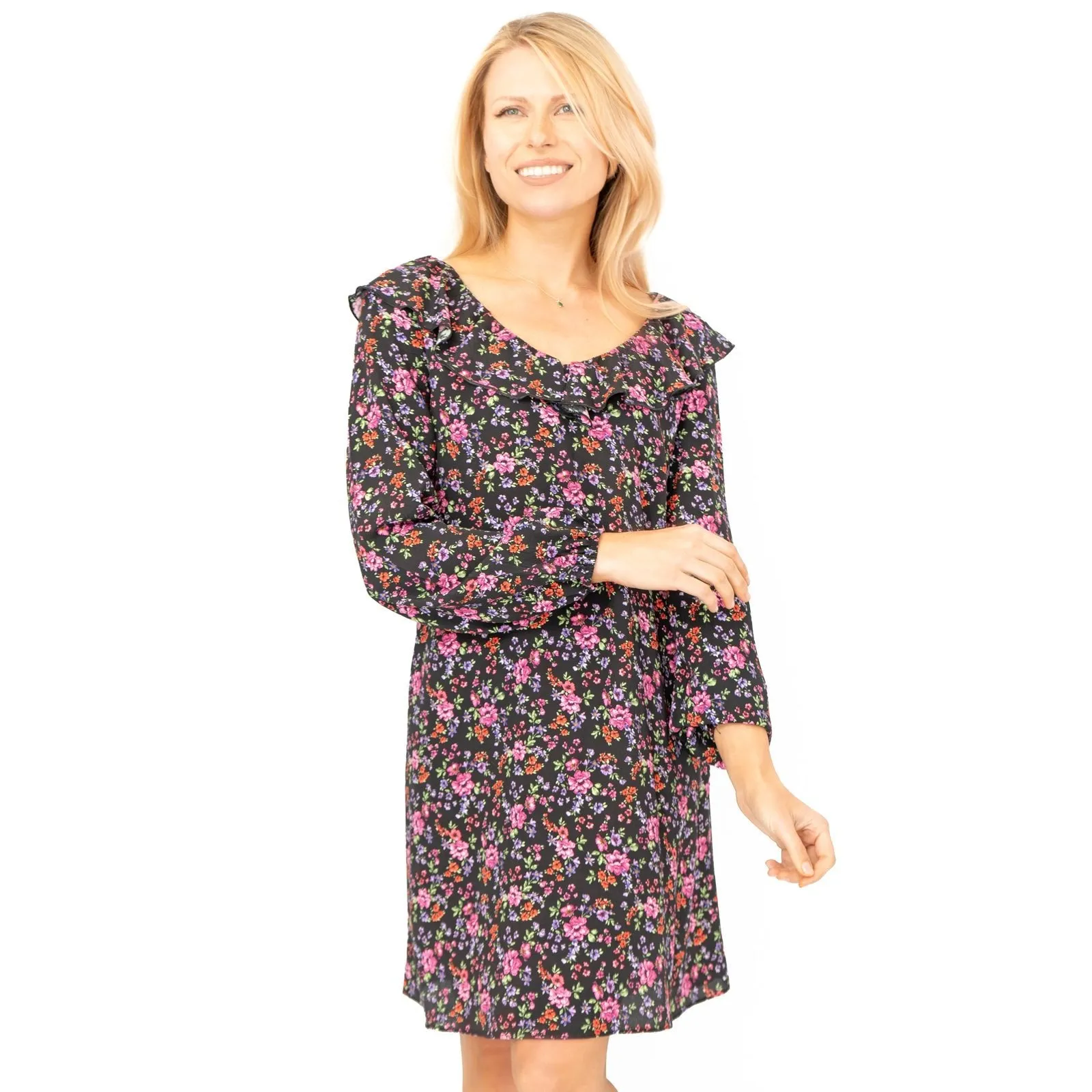 Karen Millen Black Floral Long Sleeve V-Neck with Frills Relaxed Fit Trapeze Dresses