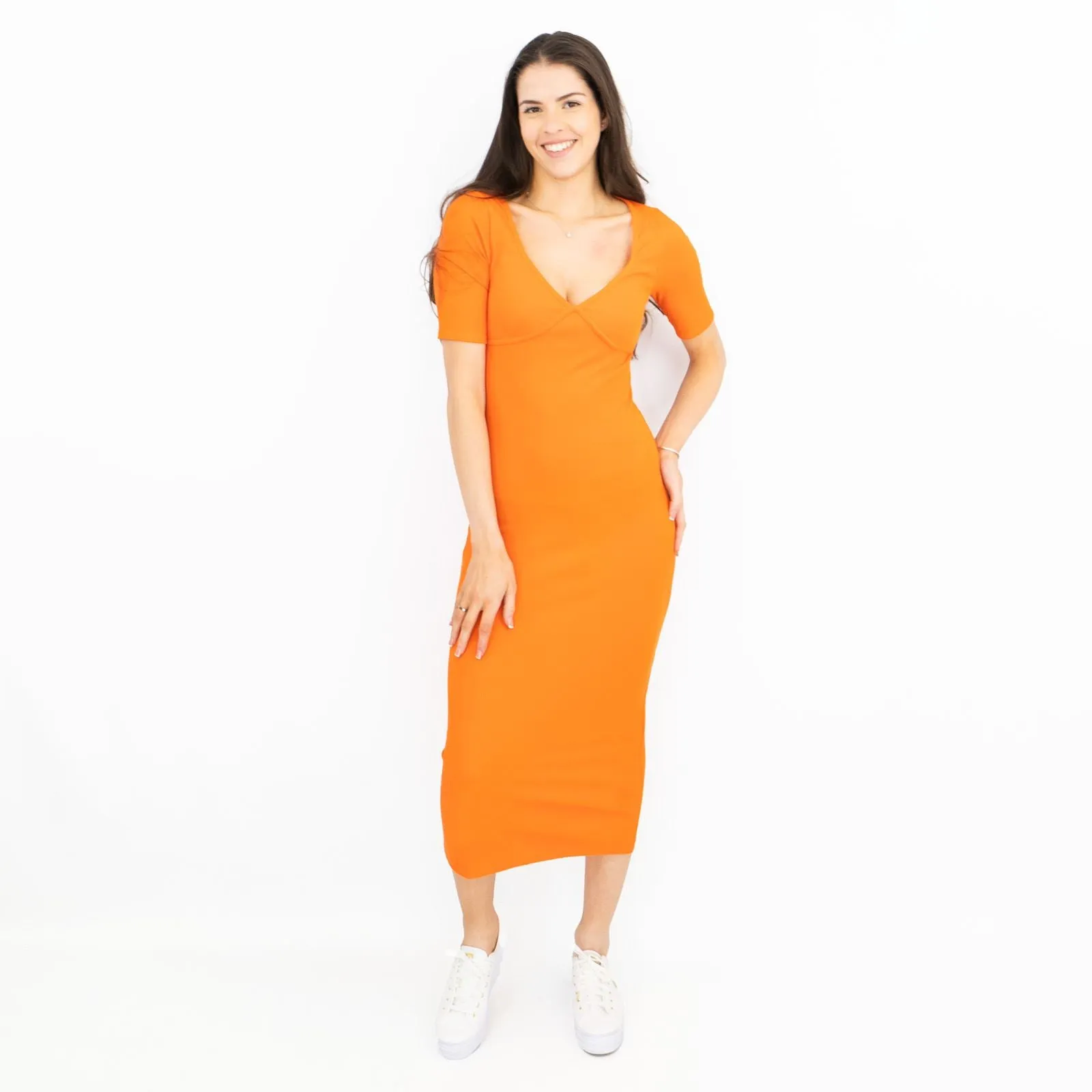 Karen Millen Orange Ribbed Short Sleeve V-Neck Stretchy Bodycon Midi Dresses