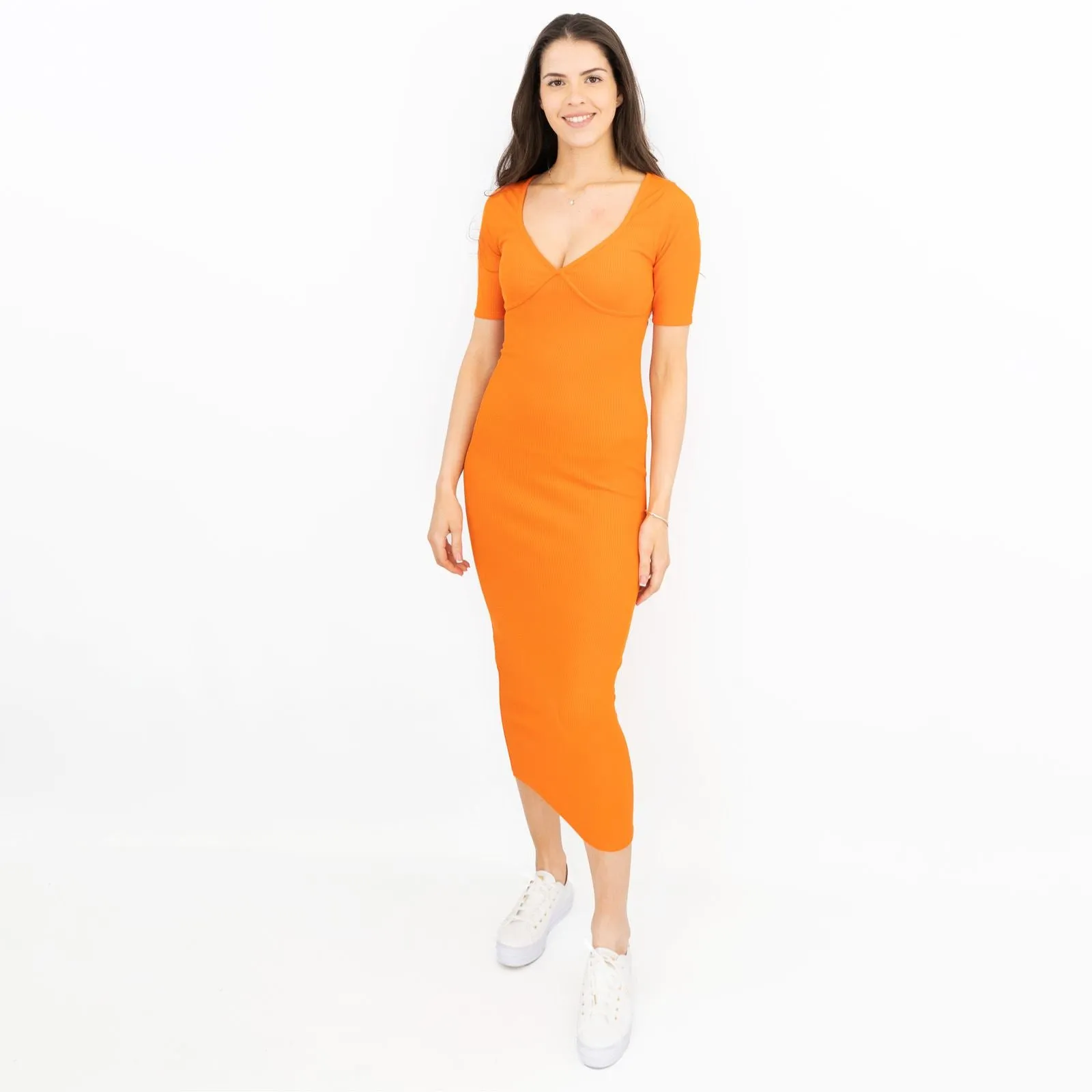 Karen Millen Orange Ribbed Short Sleeve V-Neck Stretchy Bodycon Midi Dresses